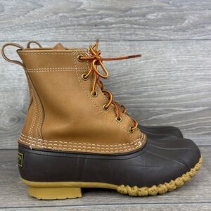 LL Bean Bean Boots Womens Sz 8 Tan Leather Brown Rubber 6-Eye Lace Up Duck Boots